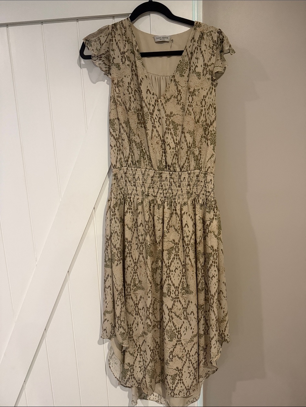 Ramy Brook - Beige V-Neck Snake-Print Smocked Waist Dress